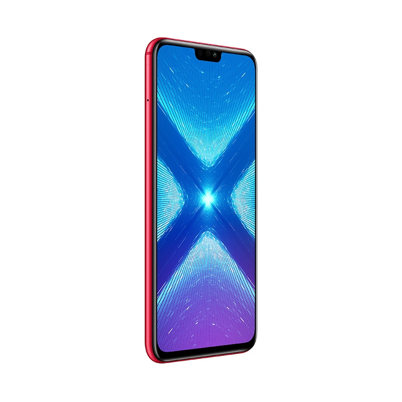 Ein rotes Smartphone mit blauem Bildschirm auf weißem Hintergrund.