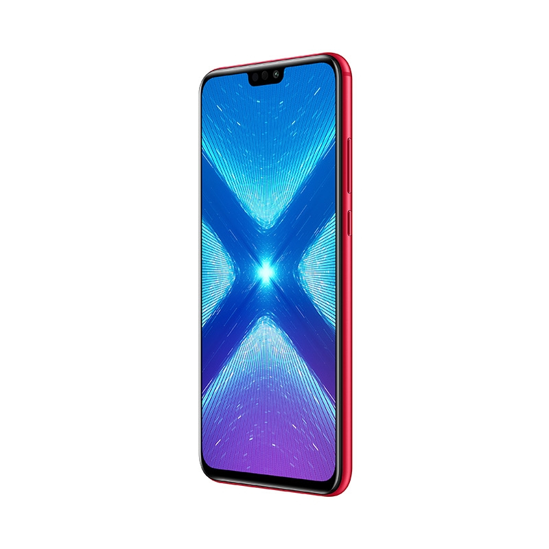 Ein rotes Smartphone zeigt einen blauen, abstrakten Bildschirmschirm mit einem X-Muster.