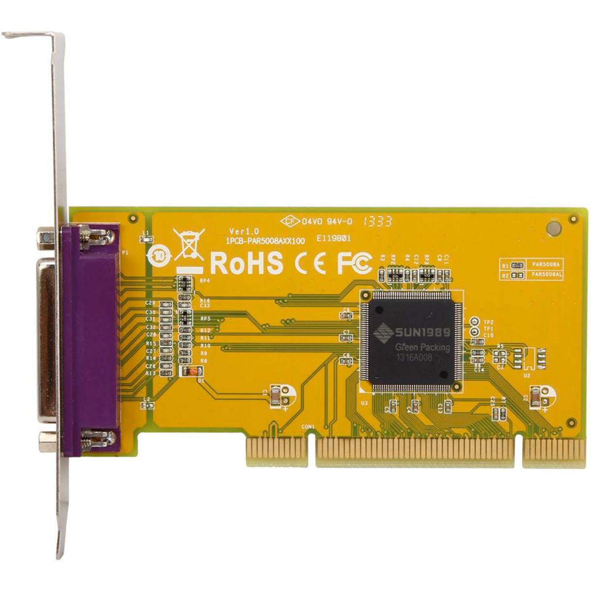 Una scheda di espansione per computer verde con una porta parallela viola e vari componenti elettronici.