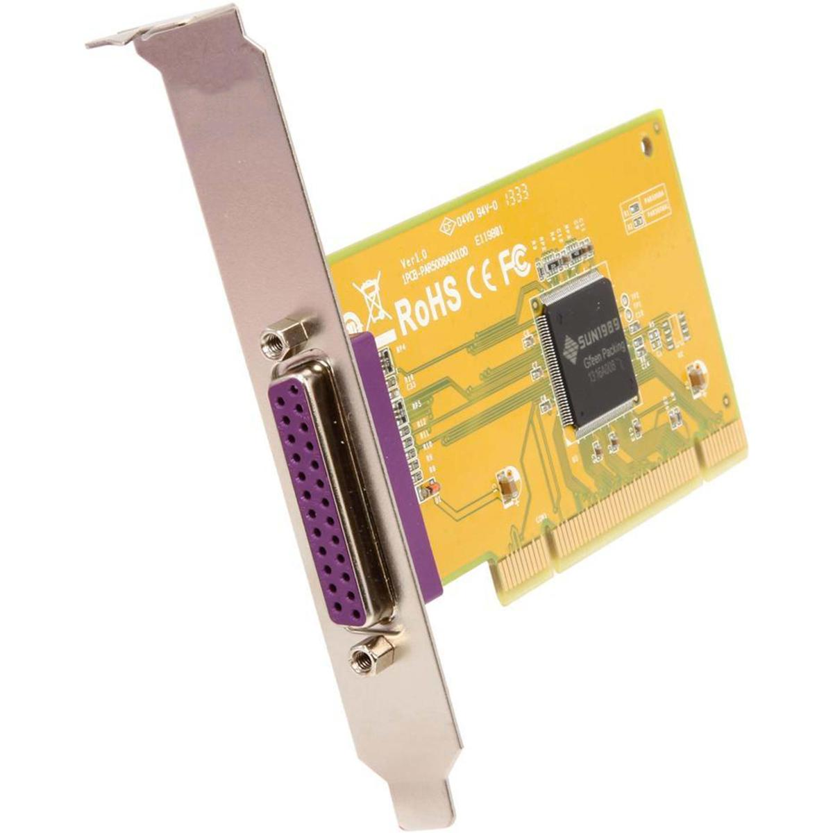 Una scheda PCI per computer verde con una porta parallela viola su staffa metallica su sfondo bianco.