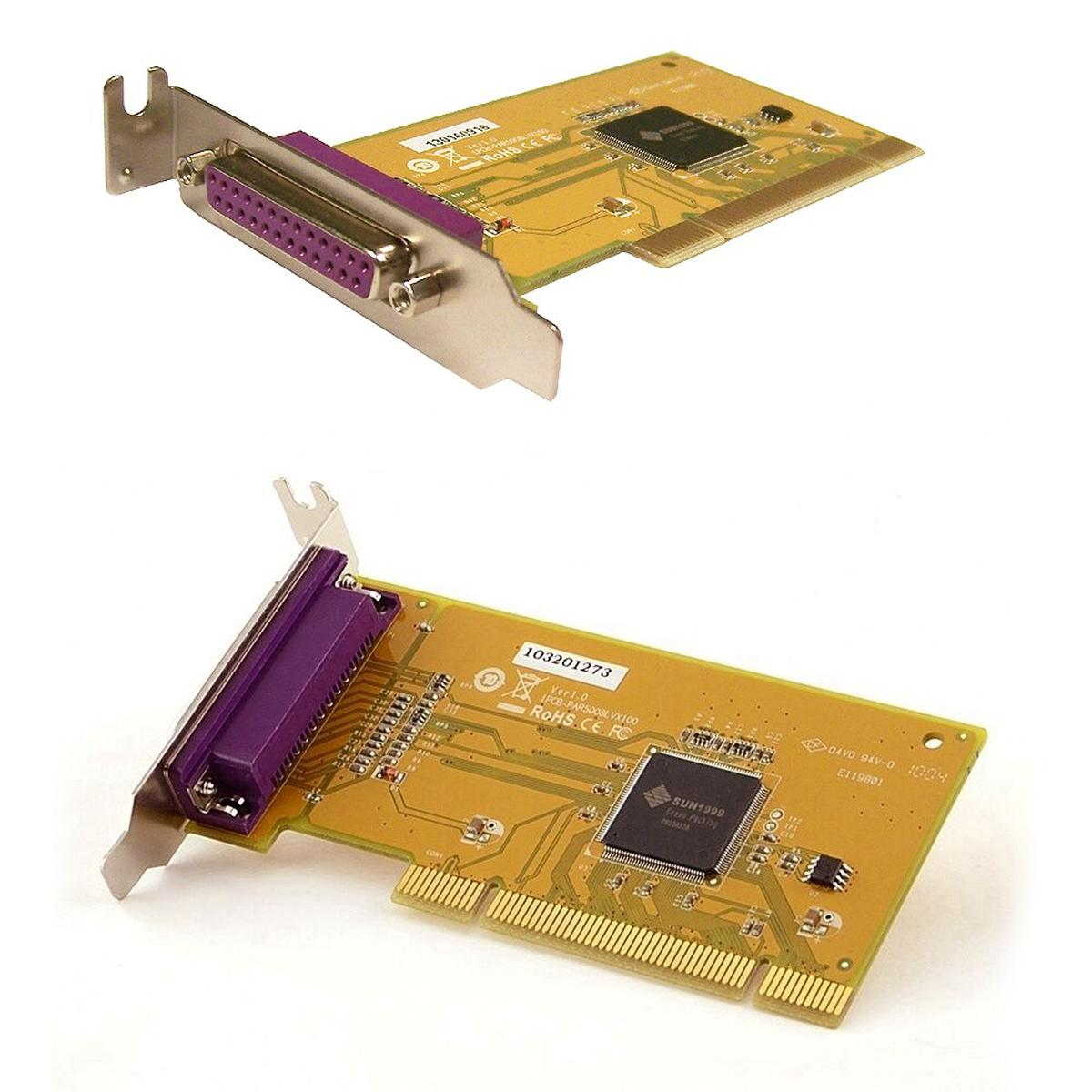 Due viste di una scheda di espansione PCI gialla con una porta parallela viola su sfondo bianco.