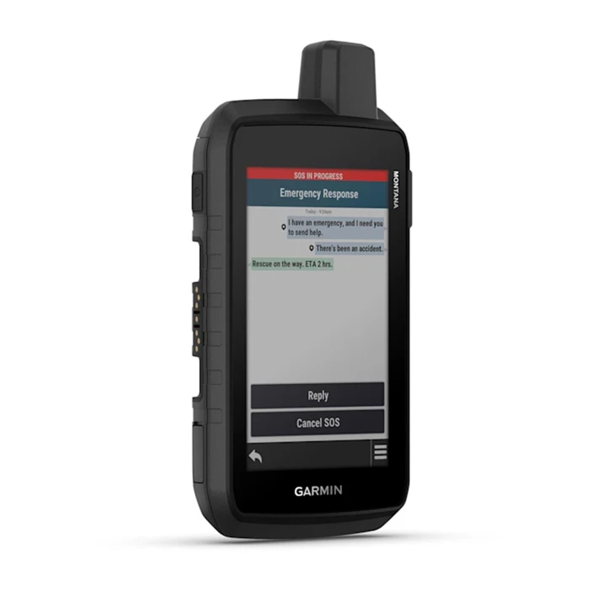 Un dispositivo GPS Garmin nero che mostra messaggi di emergenza SOS sullo schermo.