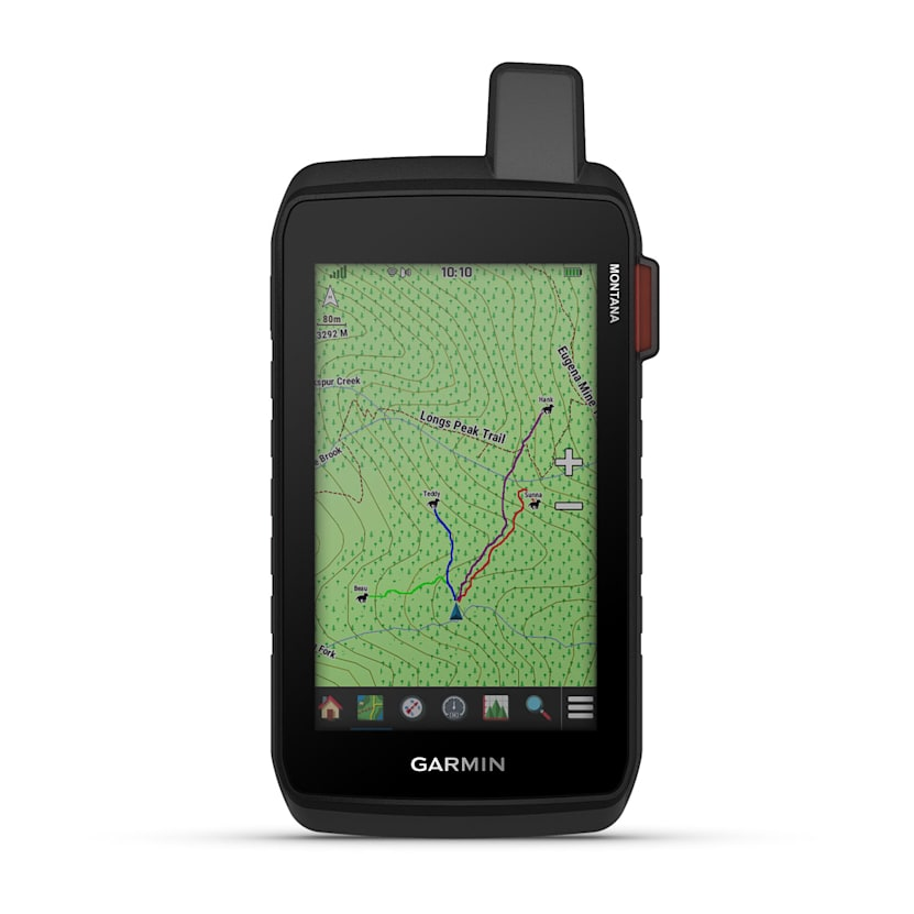 Dispositivo GPS portatile Garmin che mostra una mappa topografica con sentieri su sfondo bianco.