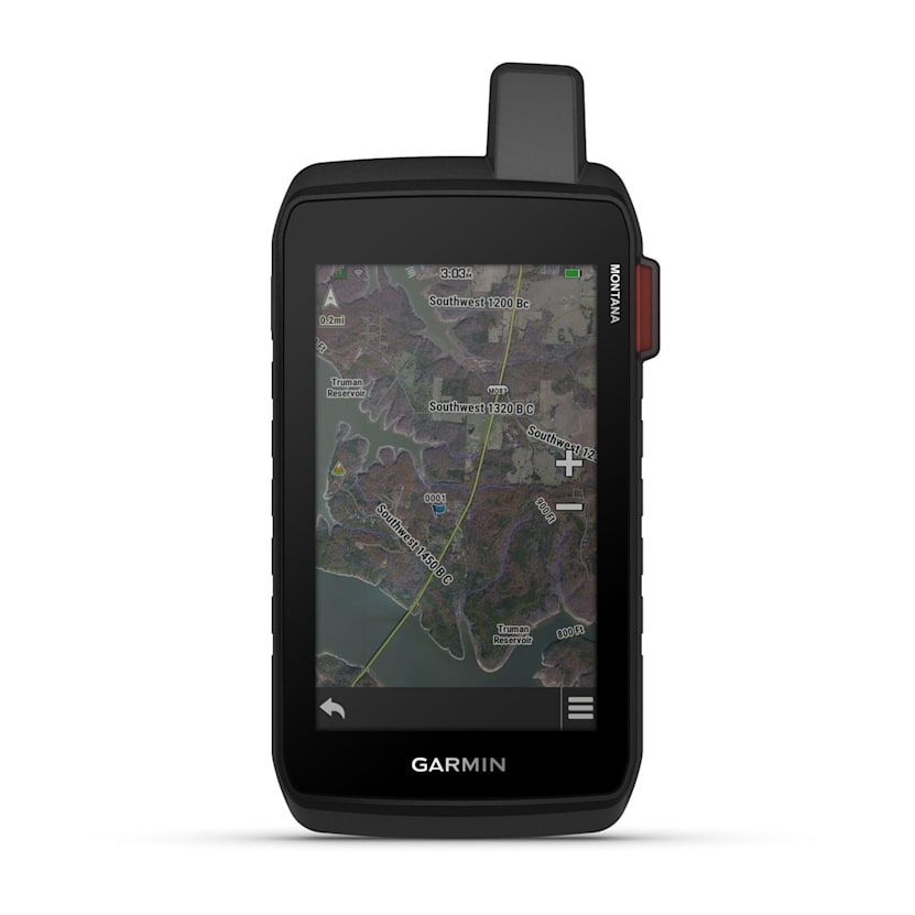 Dispositivo GPS Garmin che mostra la visualizzazione della mappa satellitare sul touchscreen.