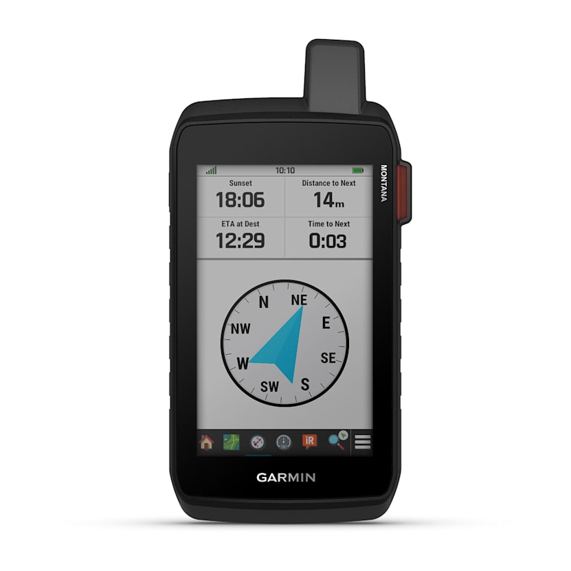 Dispositivo GPS Garmin con touchscreen che mostra tramonto, distanza e bussola digitale.