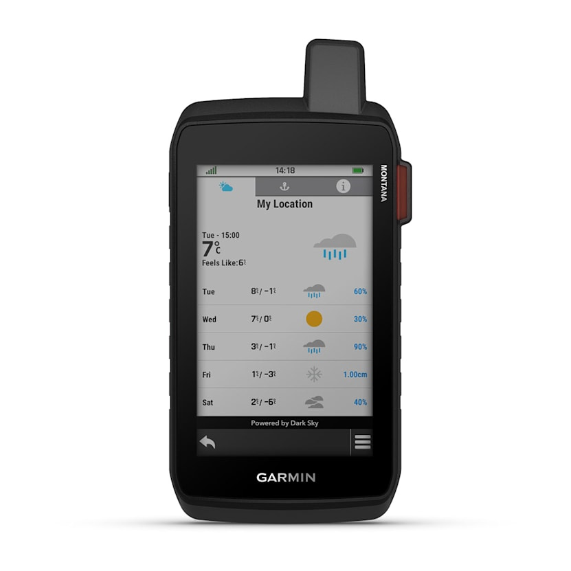 Dispositivo GPS Garmin con custodia nera e schermata meteo integrata visualizzata sullo schermo.