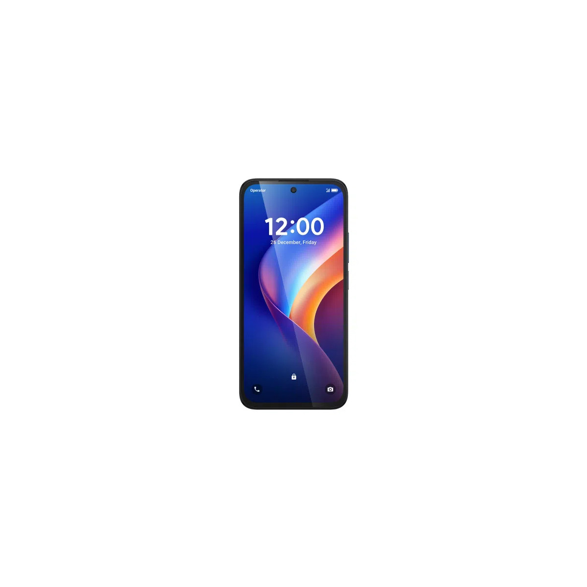 Ein schwarzes Smartphone mit buntem Hintergrund und der Anzeige 12:00 Uhr auf dem Bildschirm vor weißem Hintergrund.