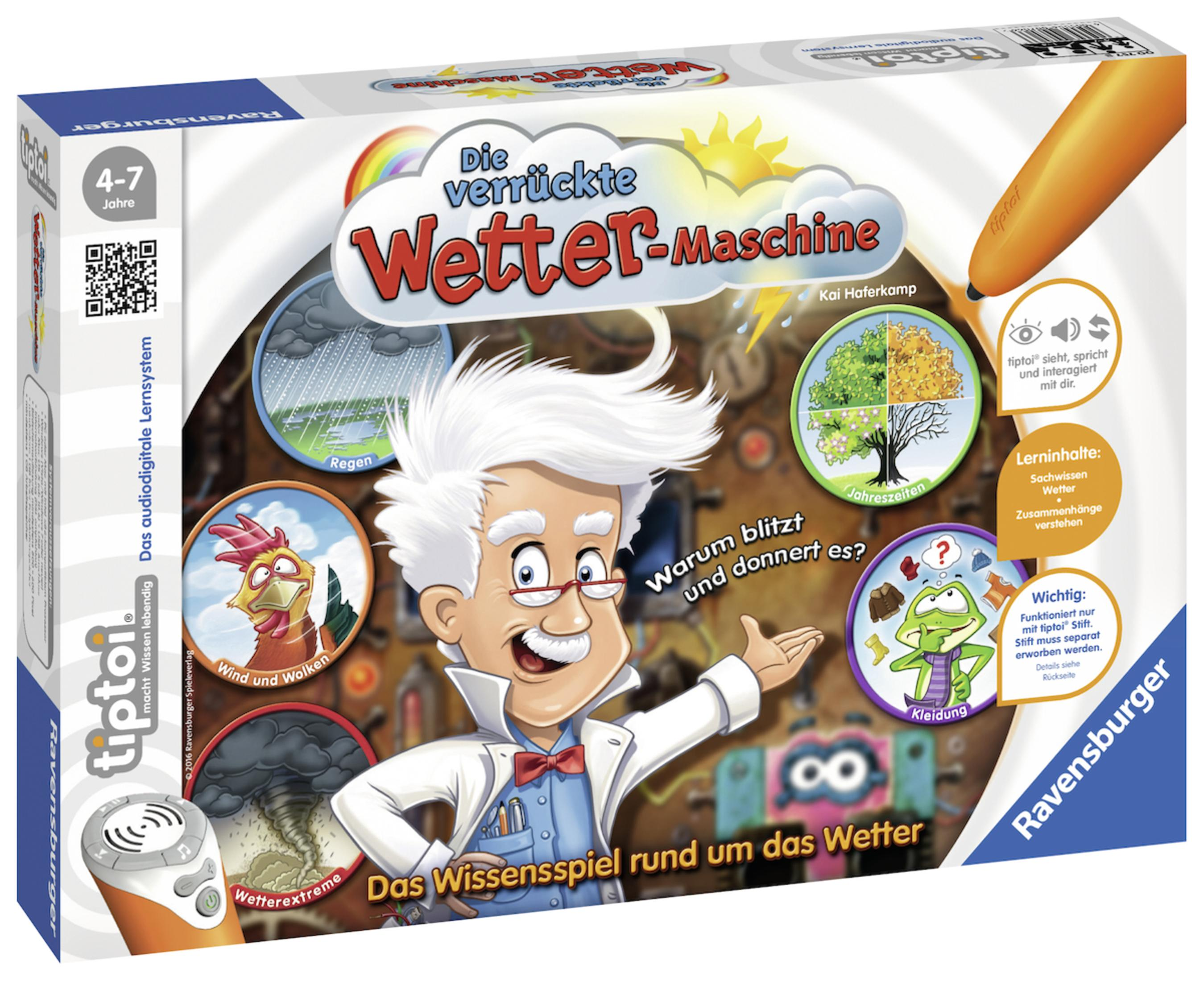 Ravensburger Tiptoi Spielverpackung Die verrückte Wetter-Maschine mit Cartoon-Wissenschaftler und Wettersymbolen.