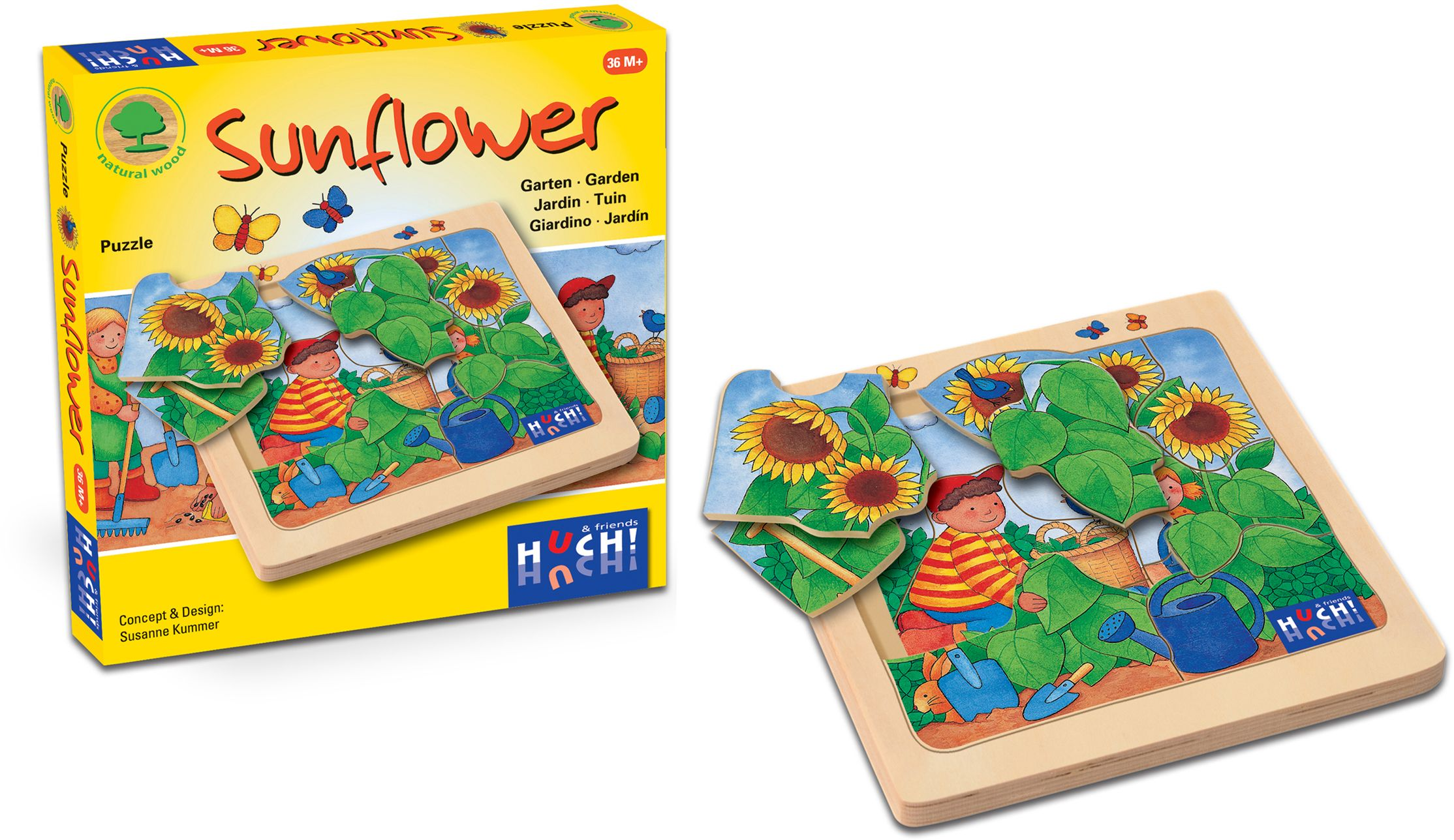 Ein gelber Kasten und ein hölzernes Steckpuzzle mit Sonnenblumen und Gartenmotiv.