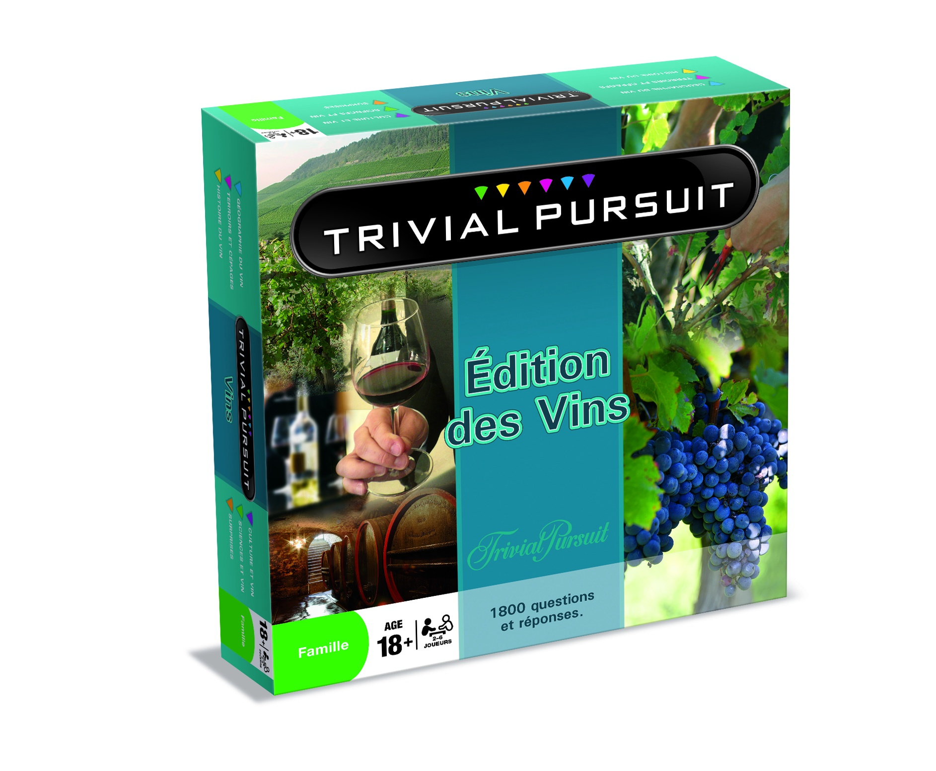 Trivial Pursuit Edition des Vins Spielverpackung mit Weinreben, Weinfass und Weinglas.