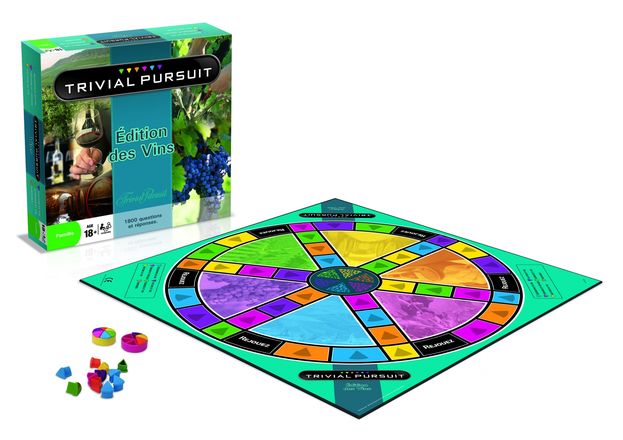 Trivial Pursuit Wein-Edition Brettspiel mit Schachtel, buntem Spielbrett, Spielfiguren und Ecken auf weißem Hintergrund.