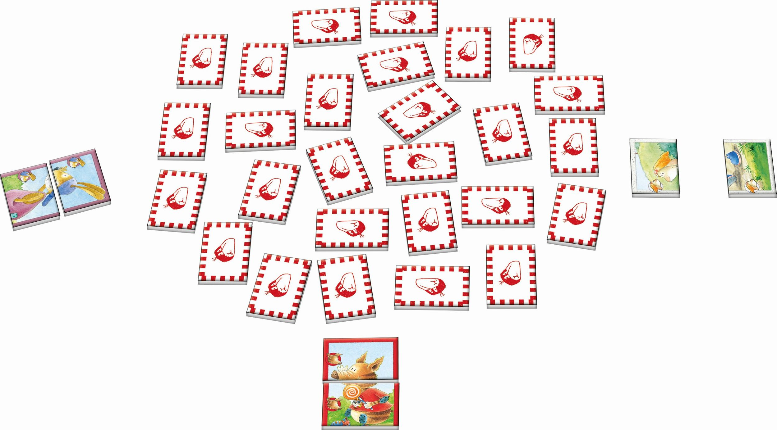 Viele Spielkarten mit rot-weißem Rand und roten Motiven liegen verstreut, flankiert von größeren bunten Szenenkarten.