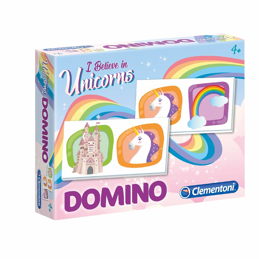 Spielverpackung von Clementoni mit Einhorn-Motiven, Regenbogen und Schloss auf rosa-blauem Hintergrund.