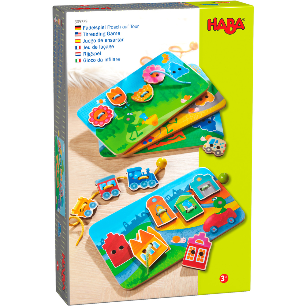HABA Fädelspiel Schachtel mit bunten Holzbrettern, Fädelteilen und Tieren.