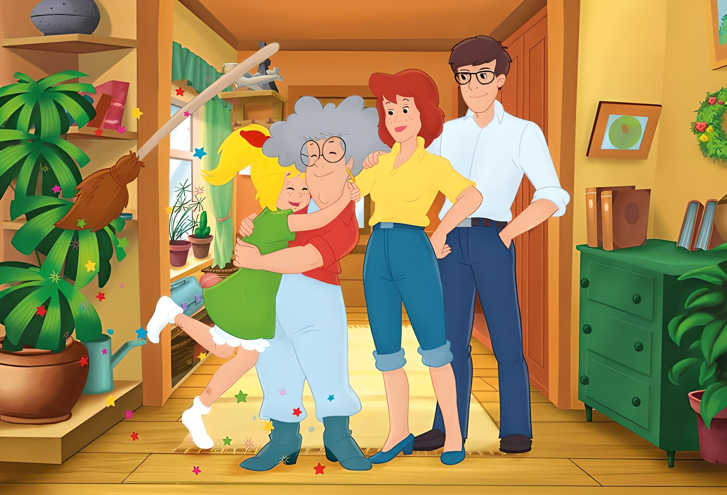 Eine Zeichentrickfamilie in einem Flur; eine kleine Tochter umarmt ihre Grossmutter herzlich.