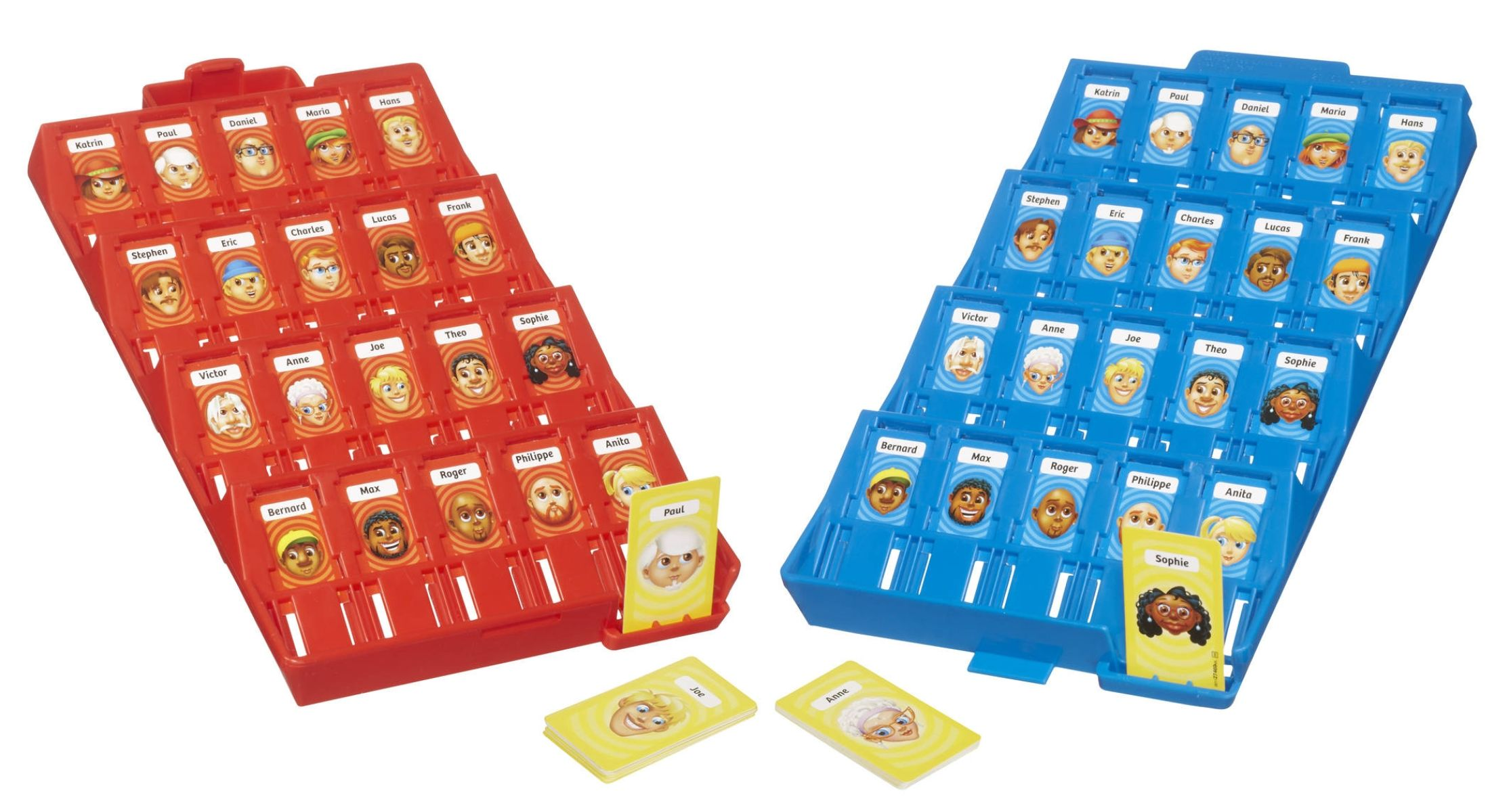 Zwei Guess Who Brettspiele in Rot und Blau mit Charakterkarten auf weißem Hintergrund.