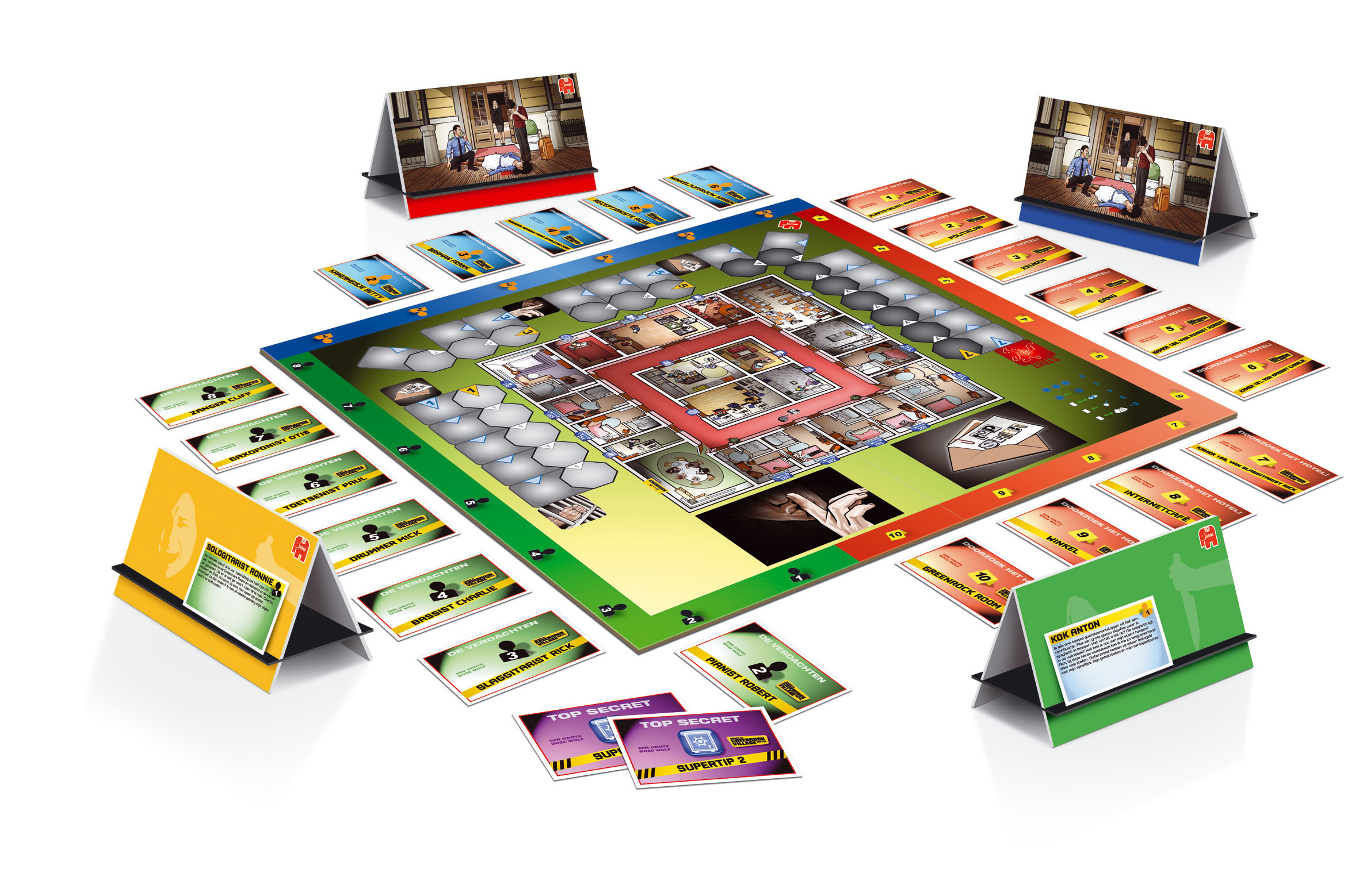 Ein buntes Detektiv-Brettspiel mit verschiedenen Karten, Spielfiguren und Ständern auf weißem Hintergrund.