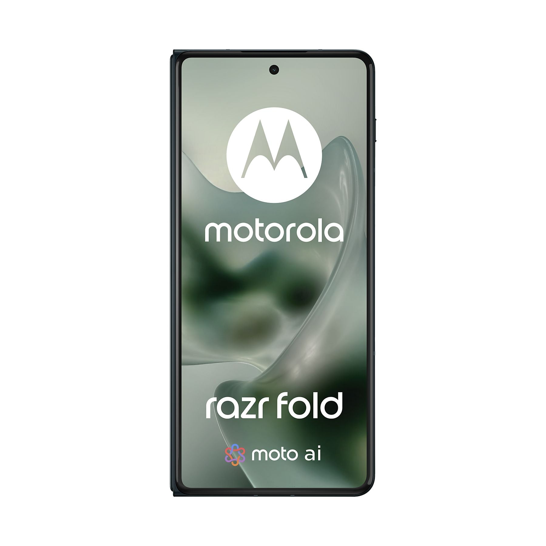Frontansicht des Motorola Razr Fold Smartphones auf weißem Hintergrund mit Firmenlogo und Schriftzug auf dem Bildschirm.