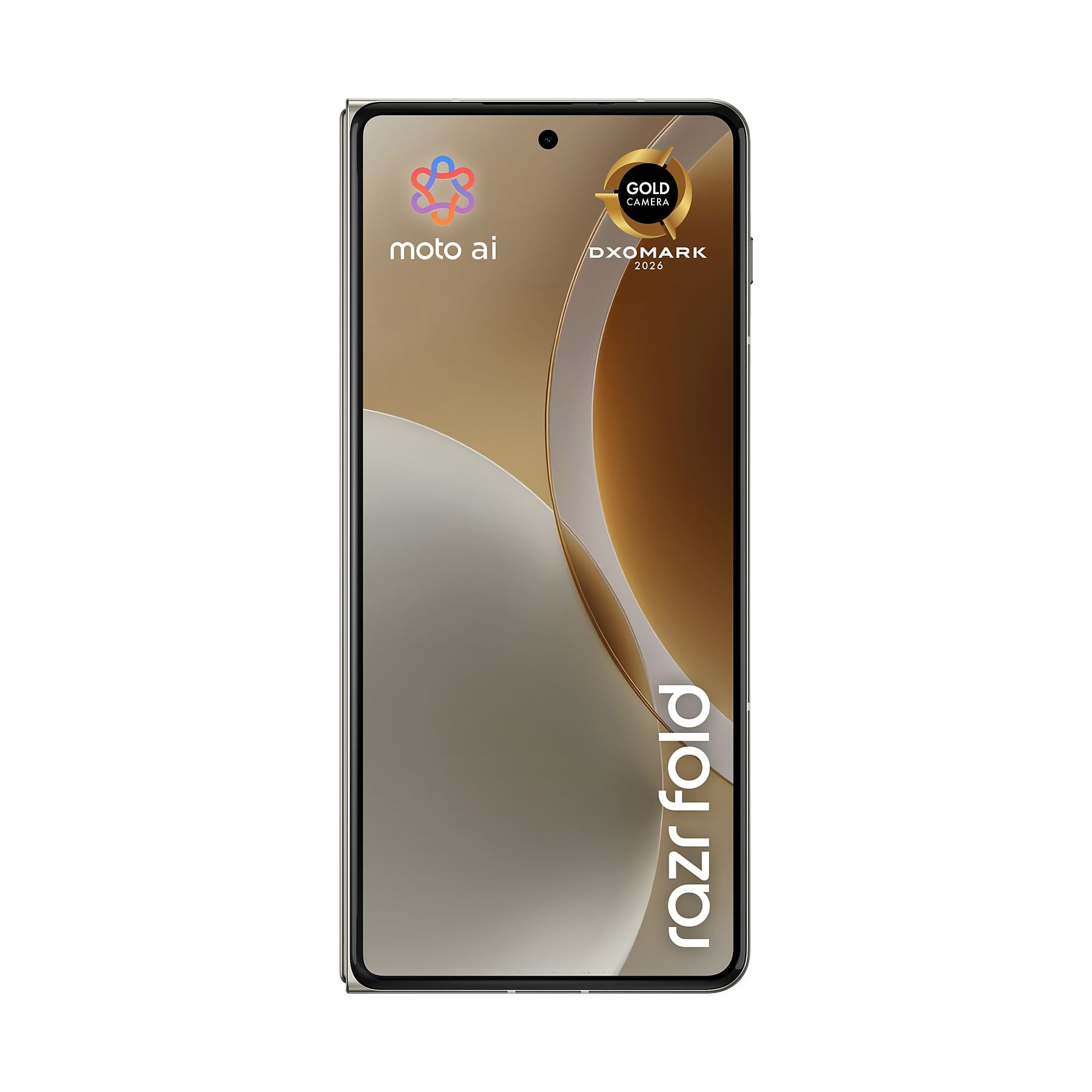 Smartphone mit hellem Display, "moto ai" Logo, DxOMark Gold Camera Abzeichen und "razr fold" Schriftzug.