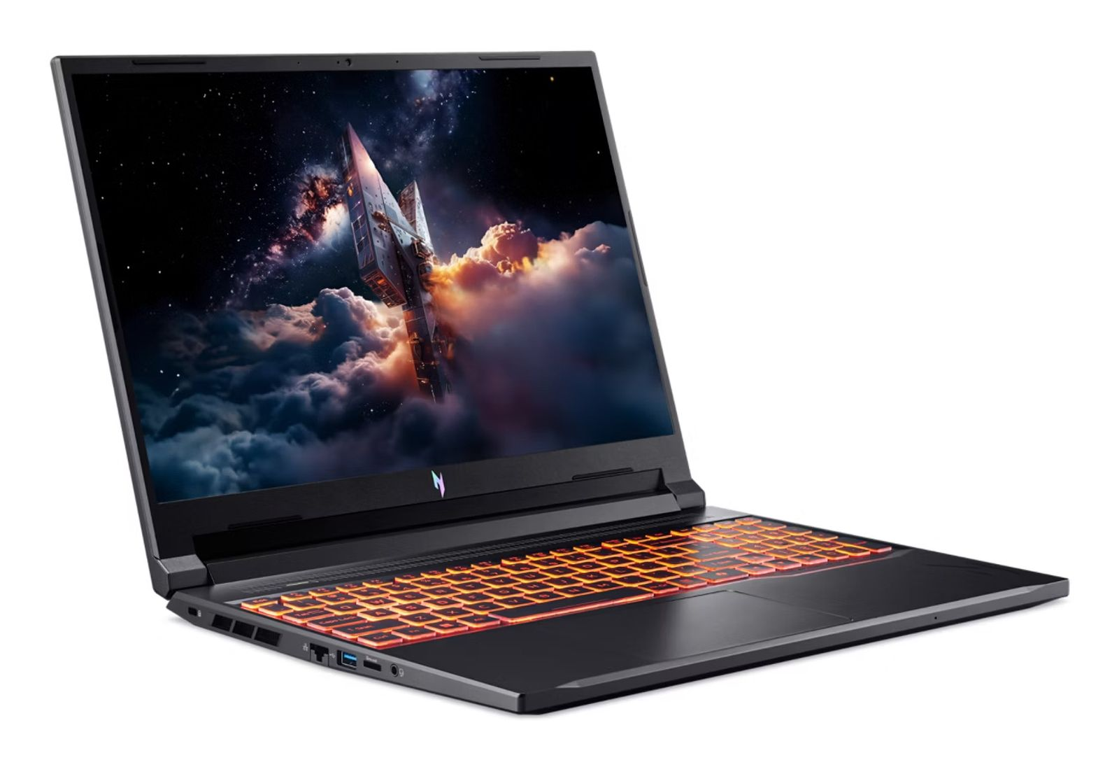 Ein schwarzer Laptop mit beleuchteter oranger Tastatur und einem Bildschirm mit einer Weltraumszene.