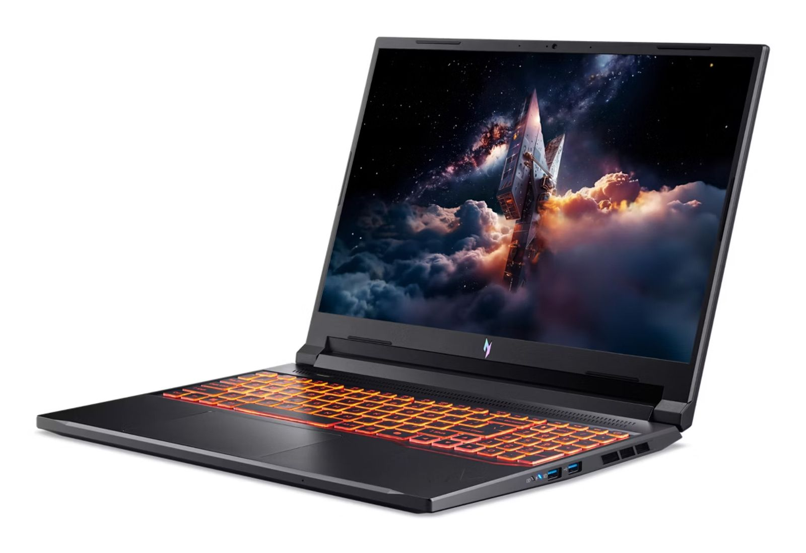 Ein schwarzer Gaming-Laptop mit orange leuchtender Tastatur und buntem Nebel-Bildschirm auf weißem Grund.