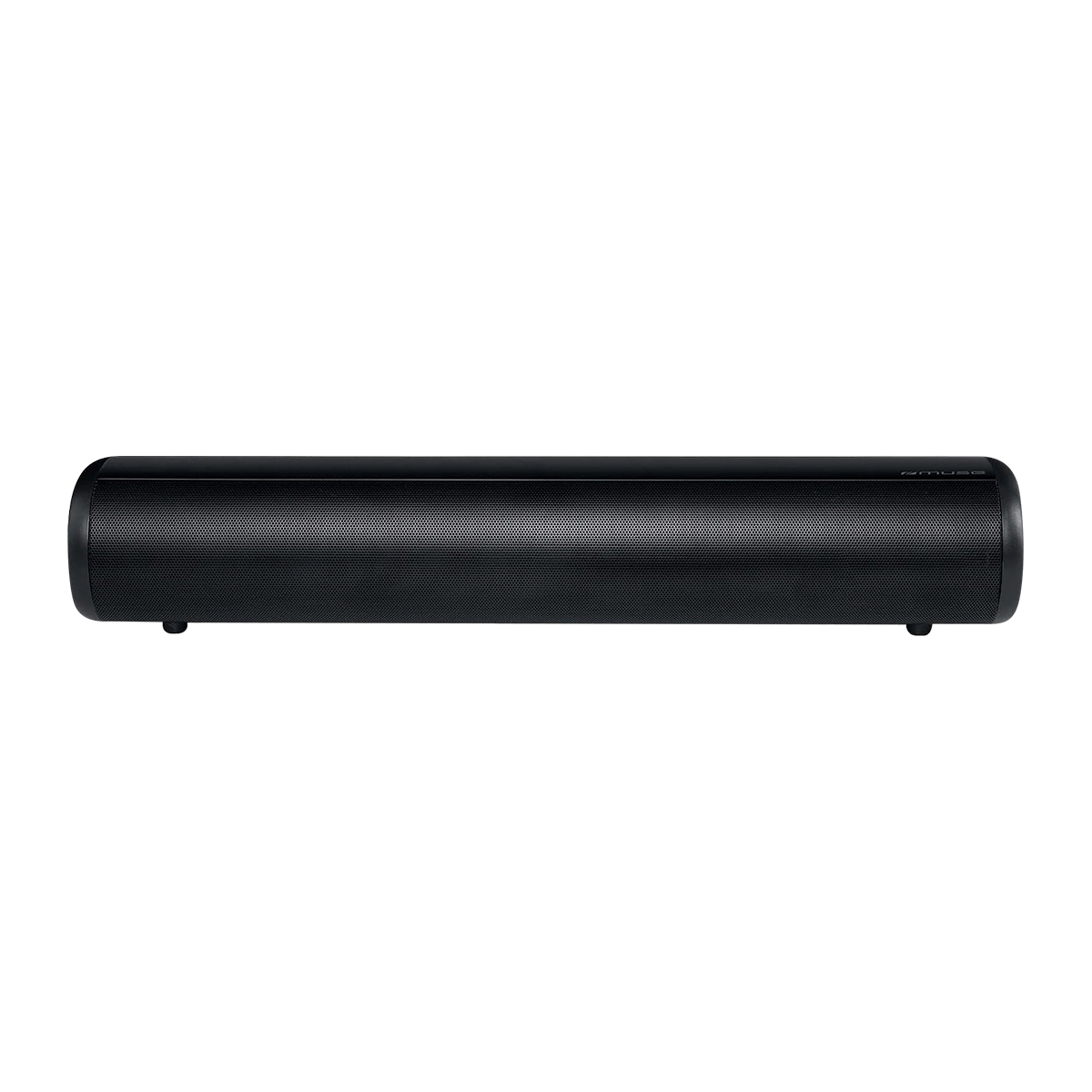 Eine schwarze zylindrische Soundbar mit einer Metallgitterabdeckung steht auf kleinen Füßen vor einem weißen Hintergrund.