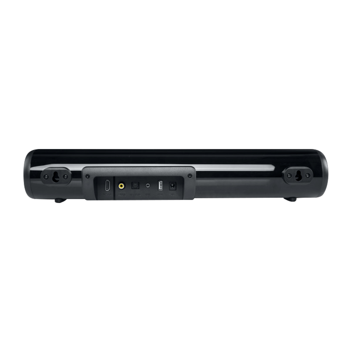 Rückseite einer schwarzen Soundbar mit verschiedenen Anschlüssen und Wandhalterungen auf weißeem Hintergrund.