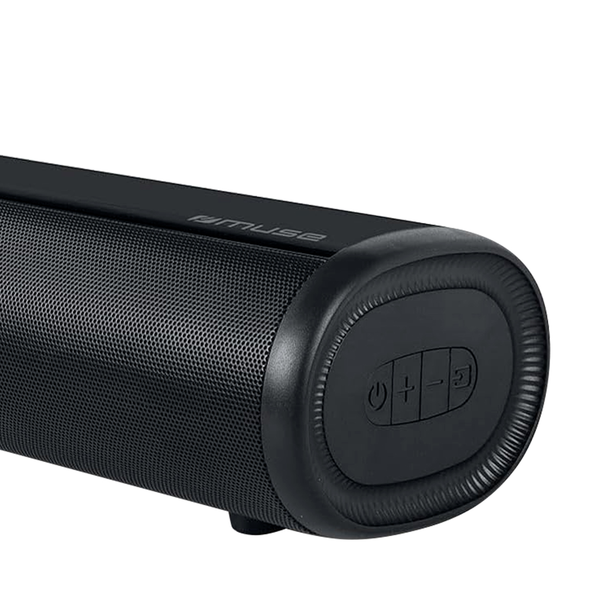 Schwarze Soundbar mit integrierten Tasten und Mesh-Gitter auf weißem Hintergrund.