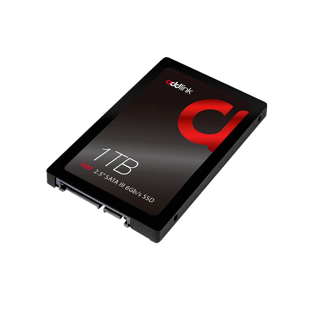 Kırmızı vurgulu Addlink marka siyah 1TB 2,5 inç SATA III SSD.