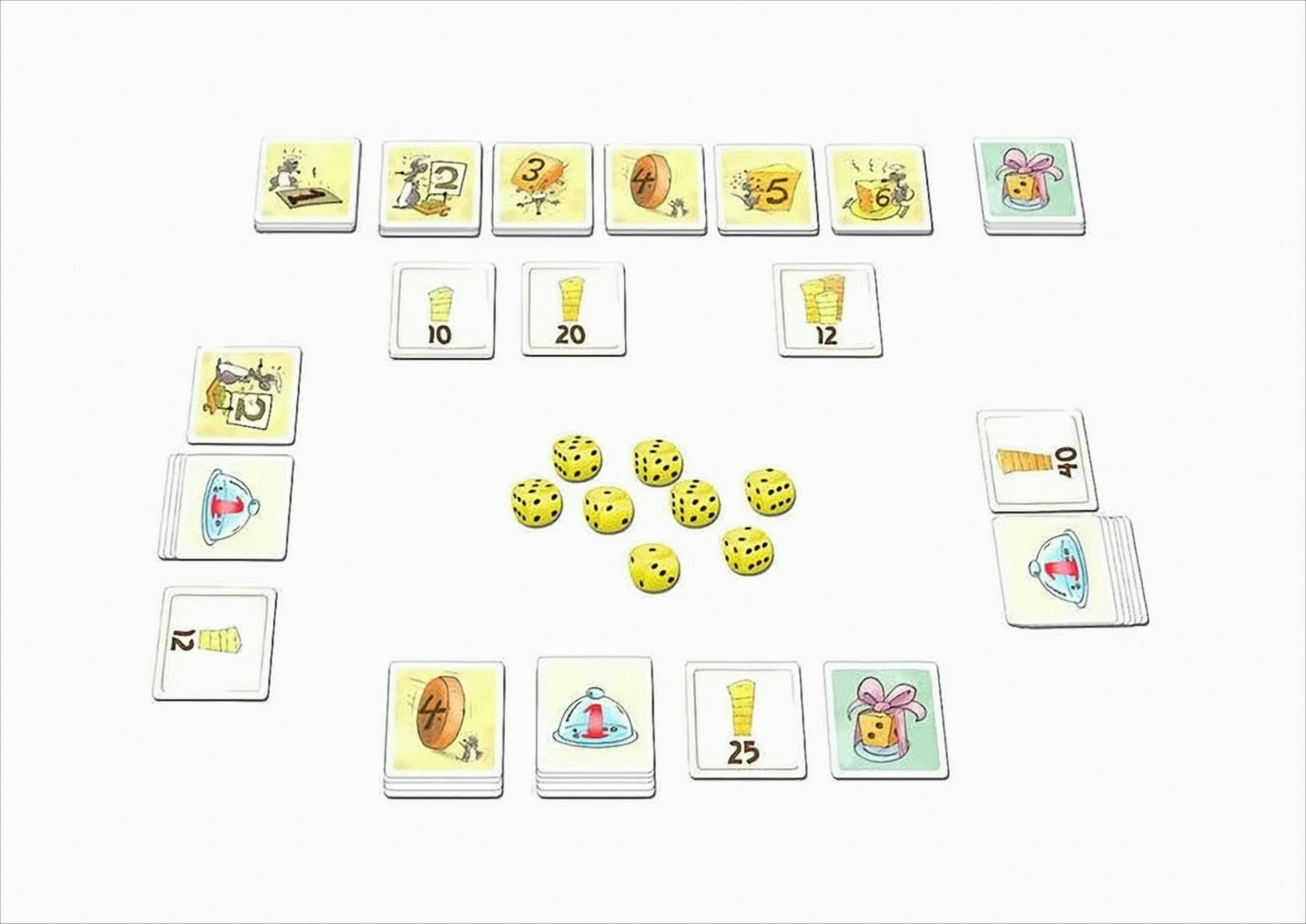 Ein Brettspiel mit gelben Würfeln in der Mitte und illustratorischen Karten, die um sie herum angeordnet sind.