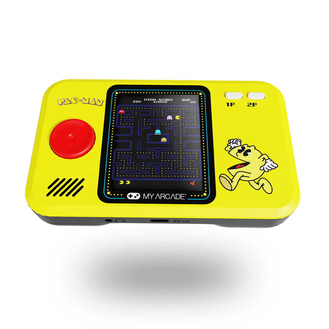 Dispositivo portátil amarillo de Pac-Man con joystick rojo, pantalla central con el juego y gráficos en el cuerpo.