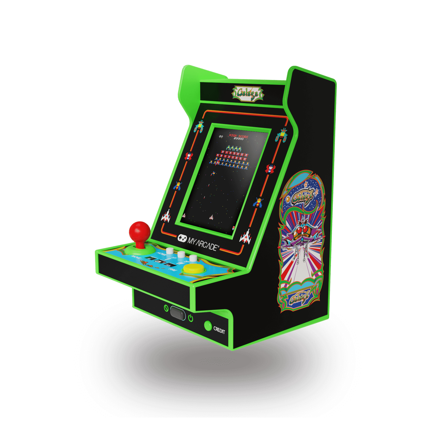 Un cabinato arcade Galaga compatto nero con accenti verdi vivaci, un joystick e grafica sui lati.