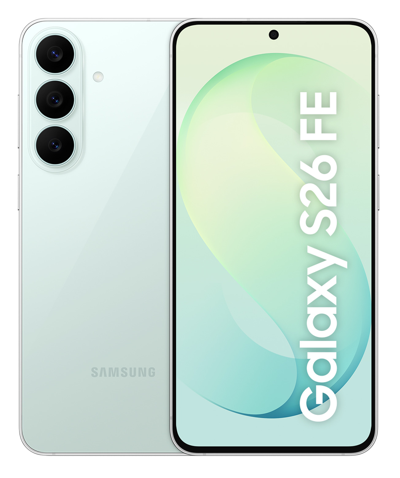 Rück- und Vorderseite eines hellgrünen Samsung Galaxy S26 FE Smartphones mit dreifacher Kamera.
