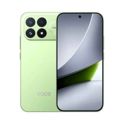 Un smartphone Poco verde claro visto de frente y de espaldas, con cuatro cámaras traseras y pantalla curva.