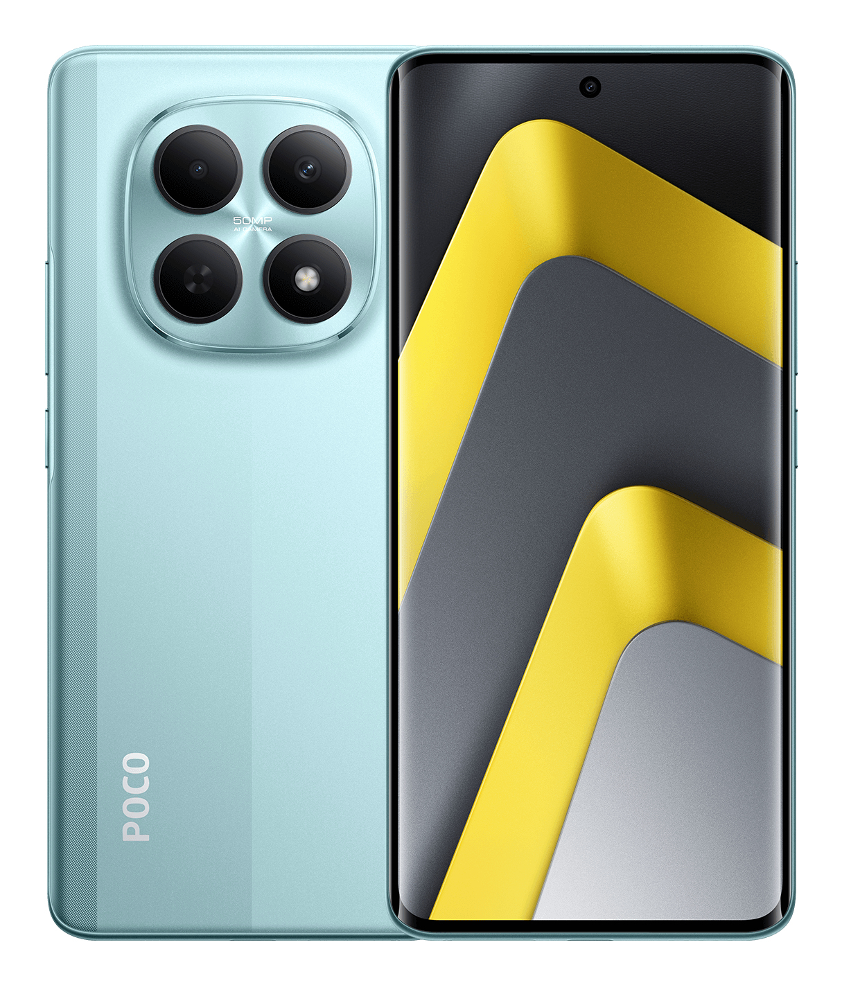 Smartphone Poco azul claro, parte trasera con cuatro cámaras, delantera con pantalla amarilla y gris.
