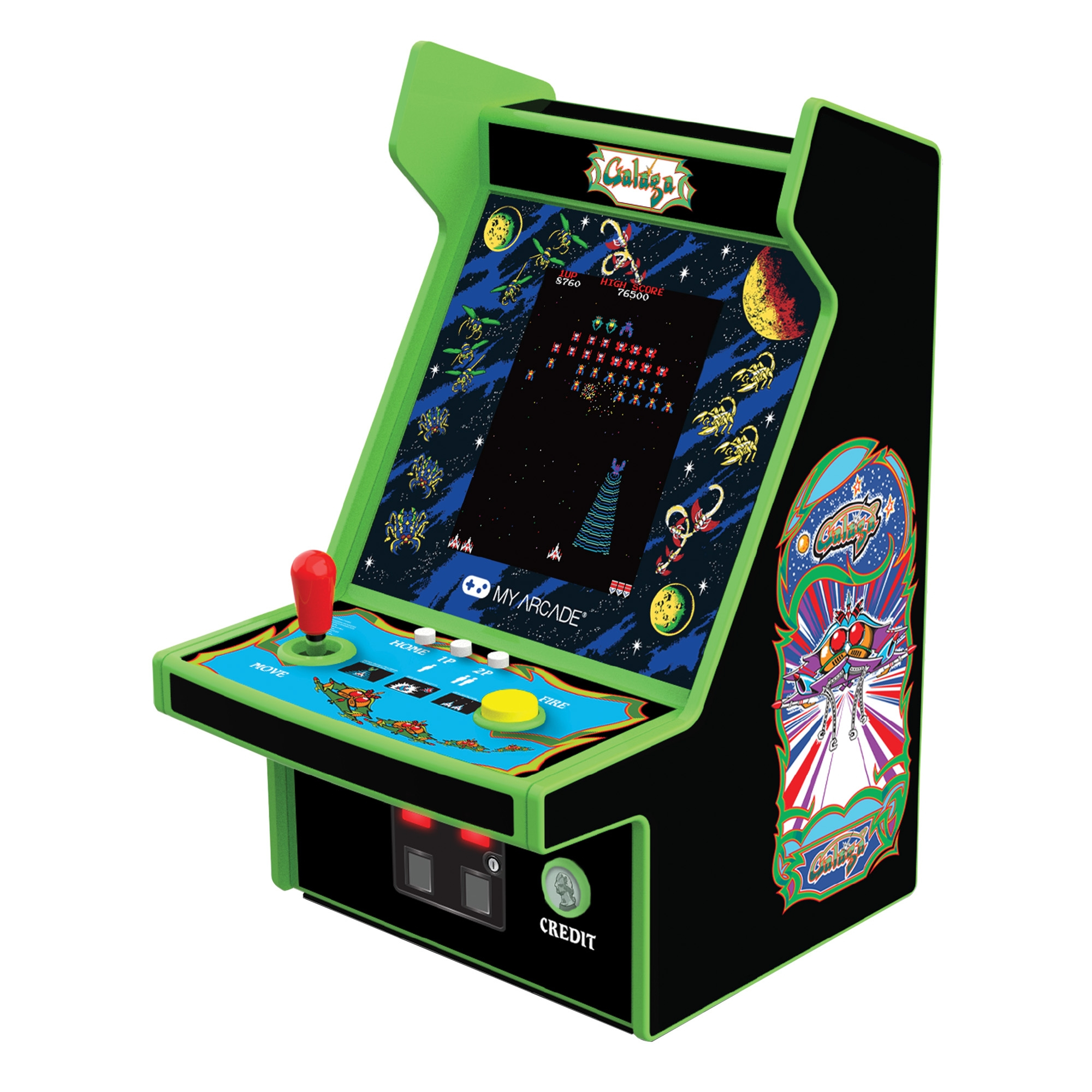 Mini máquina arcade en negro y verde con el juego Galaga en pantalla, joystick y botones.