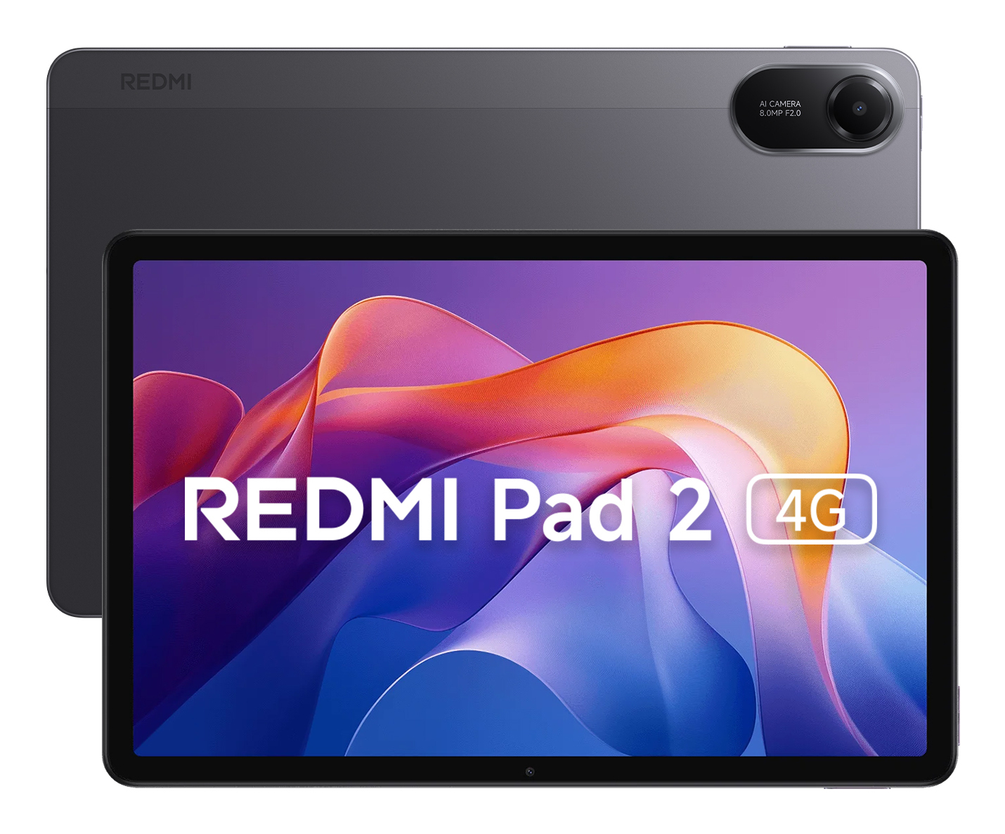 Tablet gris Redmi Pad 2 4G con ondas coloridas en la pantalla y cámara trasera.