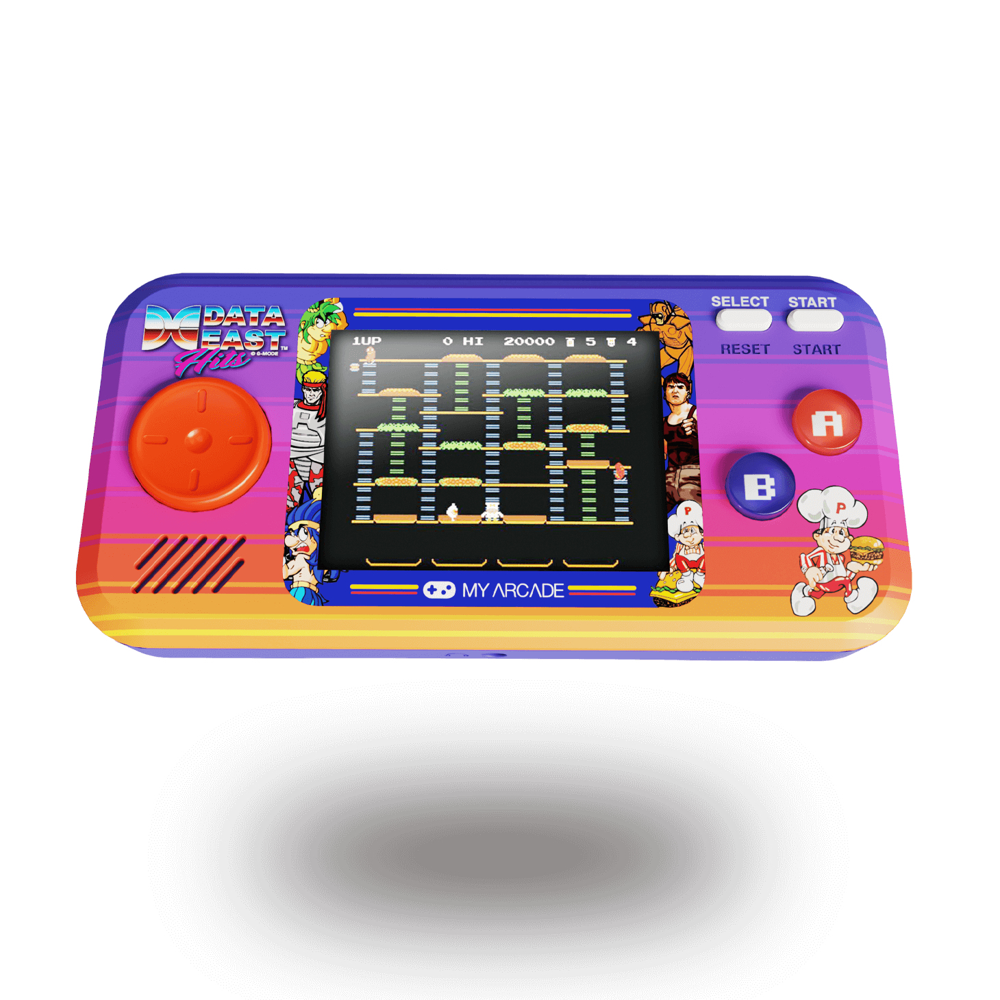 Una consola de videojuegos portátil Data East My Arcade con un diseño retro colorido, pantalla activa y controles.