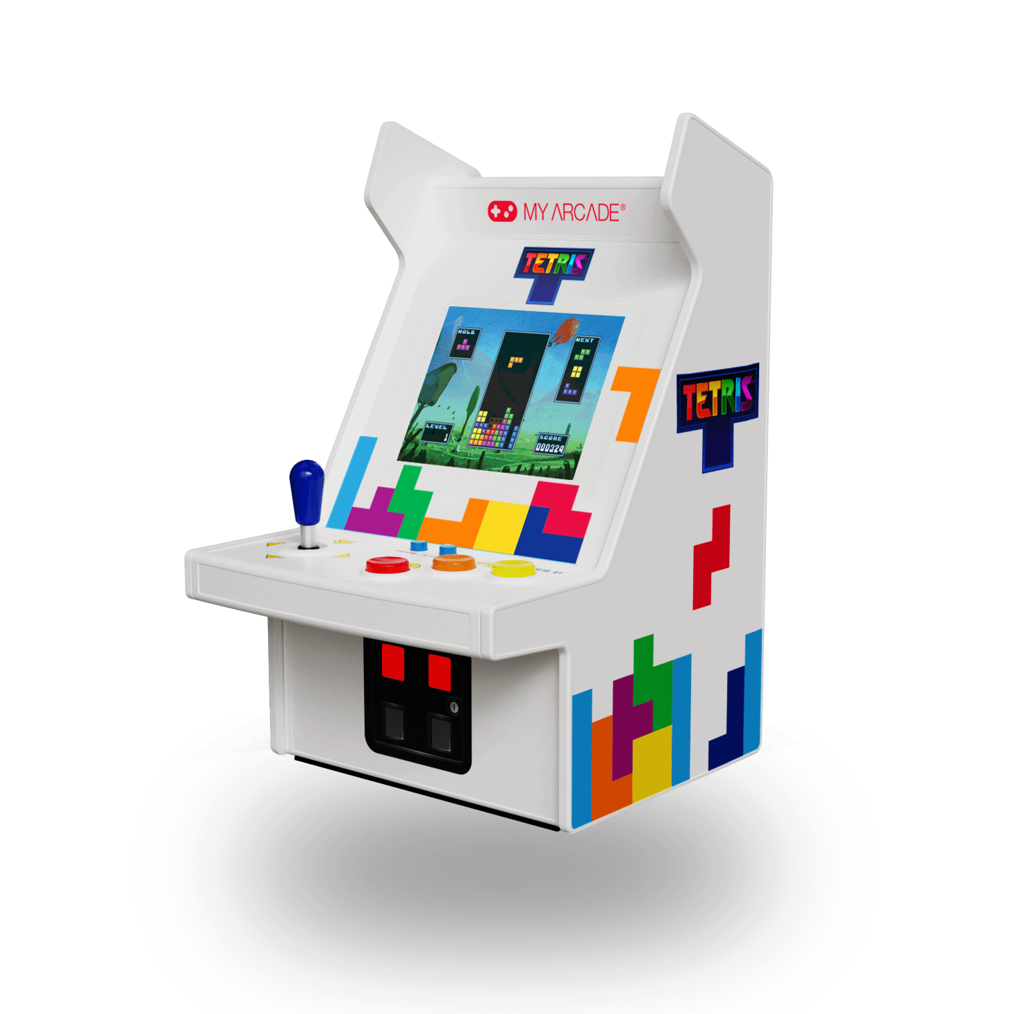 Biały mini automat do gier My Arcade Tetris z kolorową grafiką, joystickiem i kolorowymi przyciskami.
