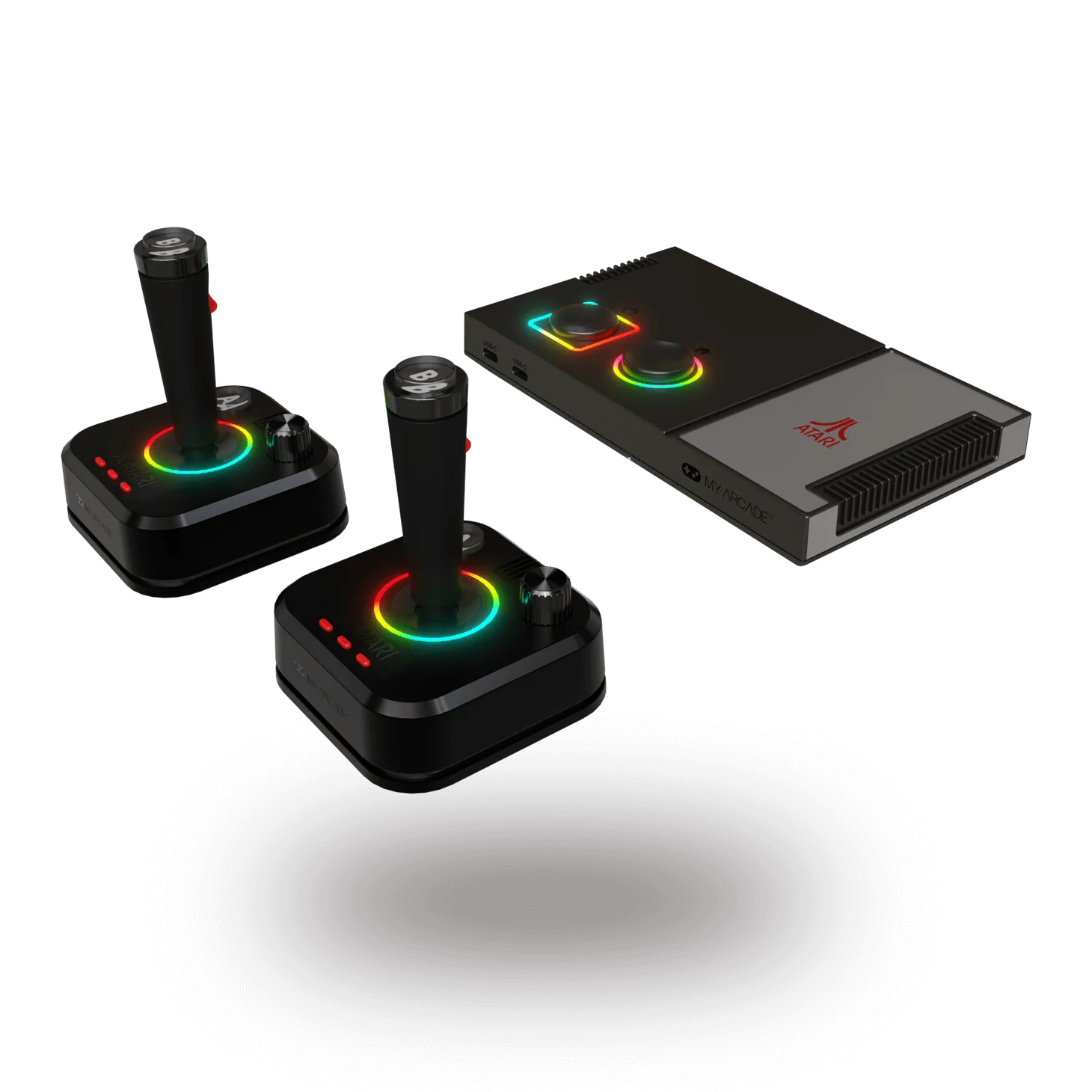Consola de juegos Atari negra con dos joysticks e iluminación LED arcoíris.