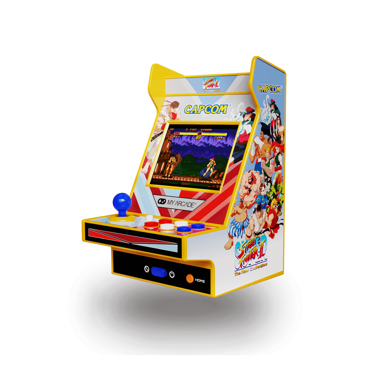 Una mini máquina recreativa de Street Fighter II con detalles amarillos, joystick y botones sobre fondo blanco.