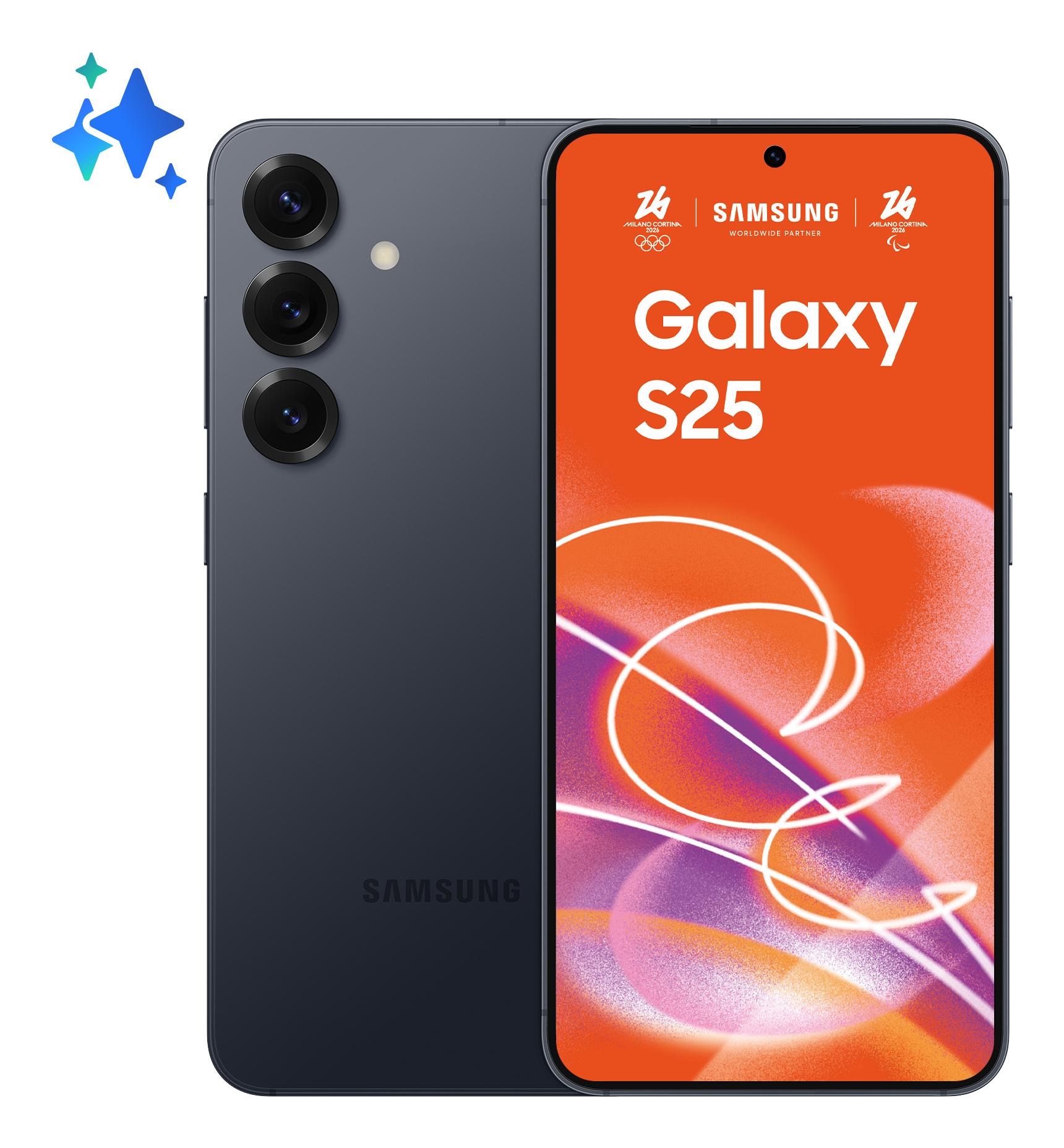 Dos teléfonos Samsung Galaxy S25, uno mostrando la parte trasera con tres cámaras y otro con la pantalla naranja.