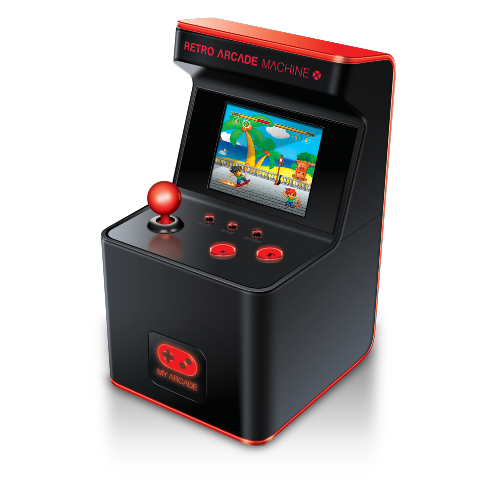 Mini máquina recreativa retro en negro y rojo con palanca roja, botones y una pantalla iluminada con escena de playa.