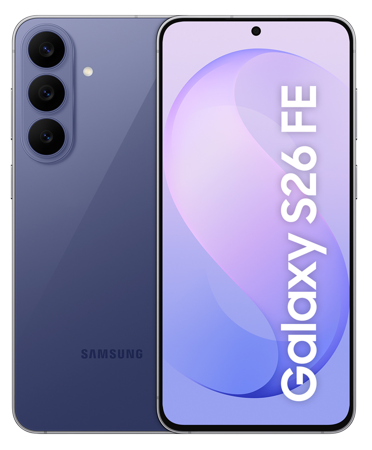 Lila Samsung Galaxy S26 FE Smartphone, Front- und Rückansicht mit drei Kameras.