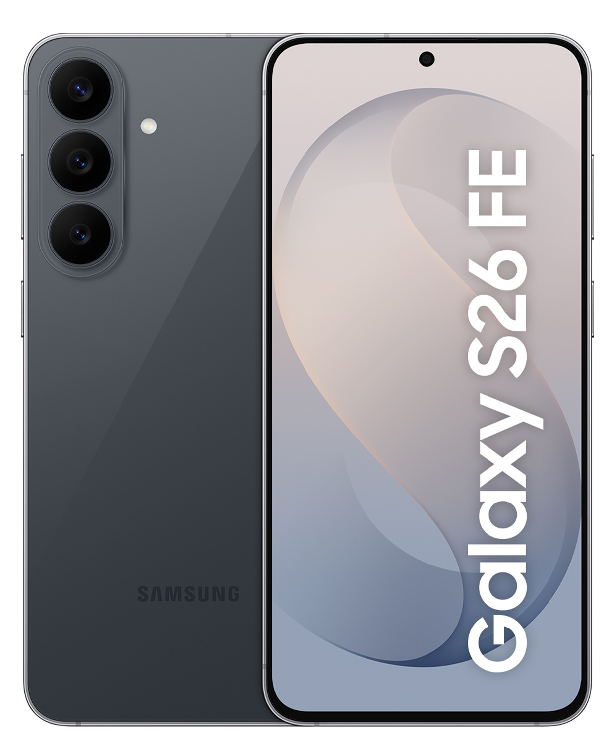 Graues Samsung Galaxy S26 FE Smartphone, Vorder- und Rückseite gezeigt.