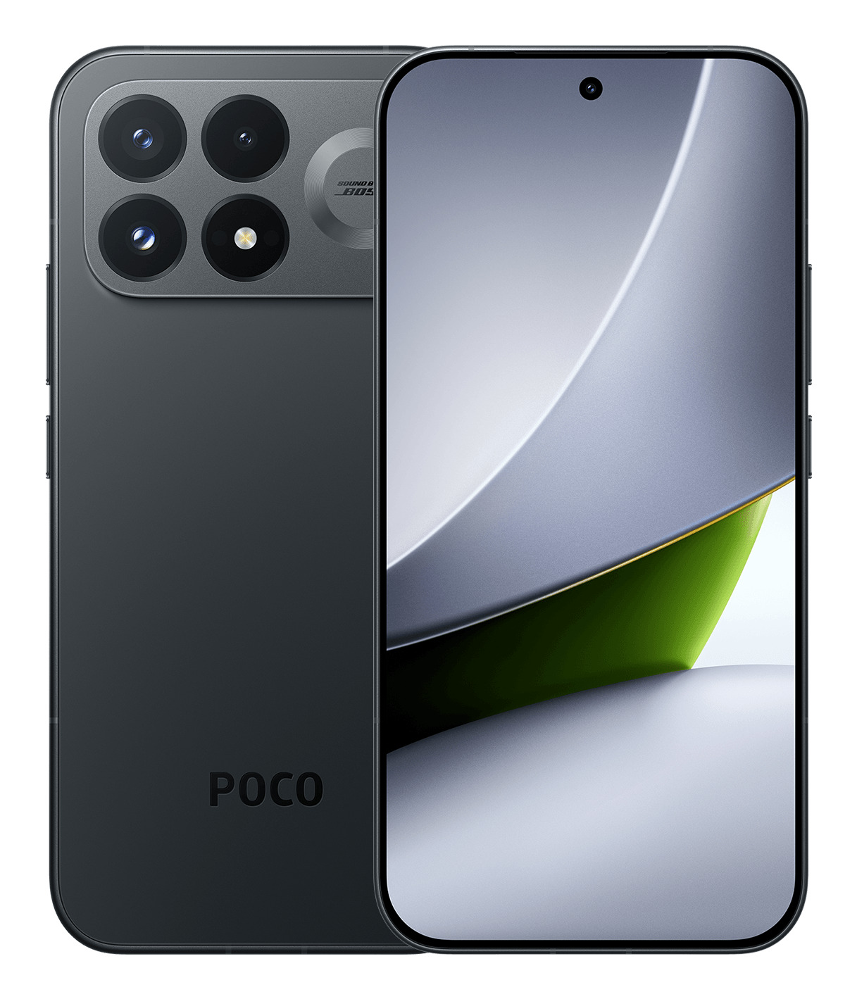 Front- und Rückseite eines dunklen POCO-Smartphones mit Vierfachkamera.