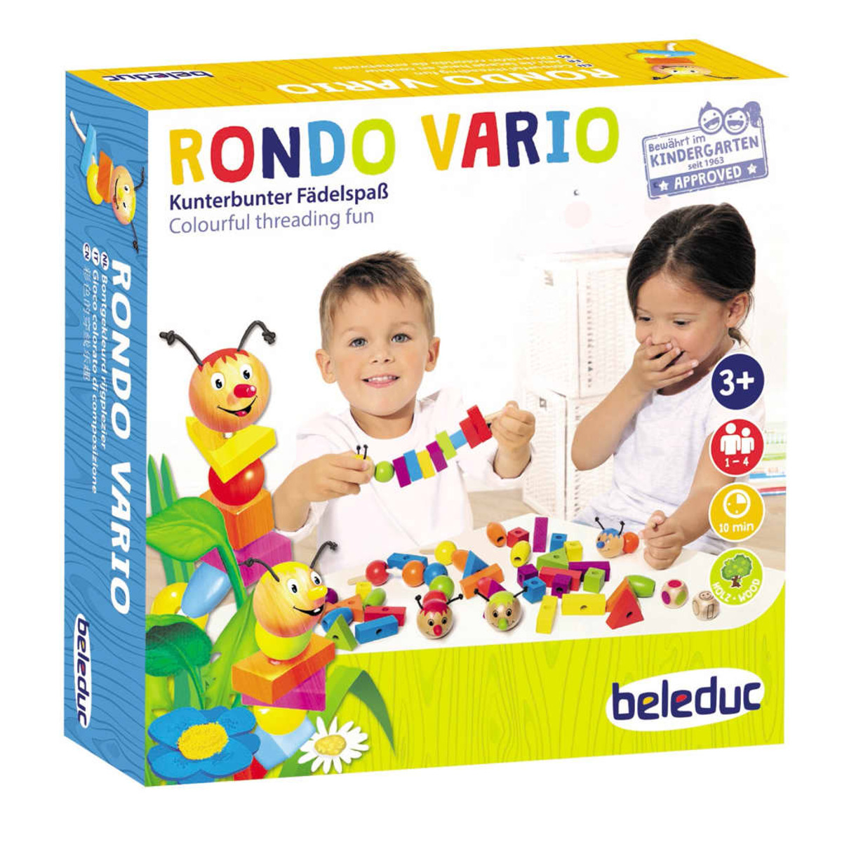 Schachtel des Rondo Vario Spiels mit einem Jungen und Mädchen, die mit bunten Holzperlen spielen.