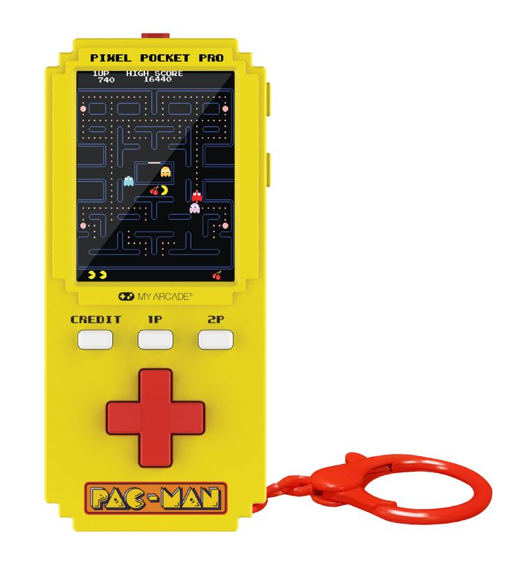 Una console di gioco tascabile Pac-Man gialla con un D-pad rosso, tre pulsanti bianchi e un portachiavi rosso.