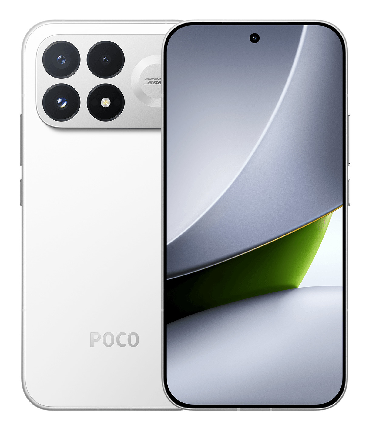 Ein weißes Poco-Smartphone mit Vorderseite und Rückkamera.