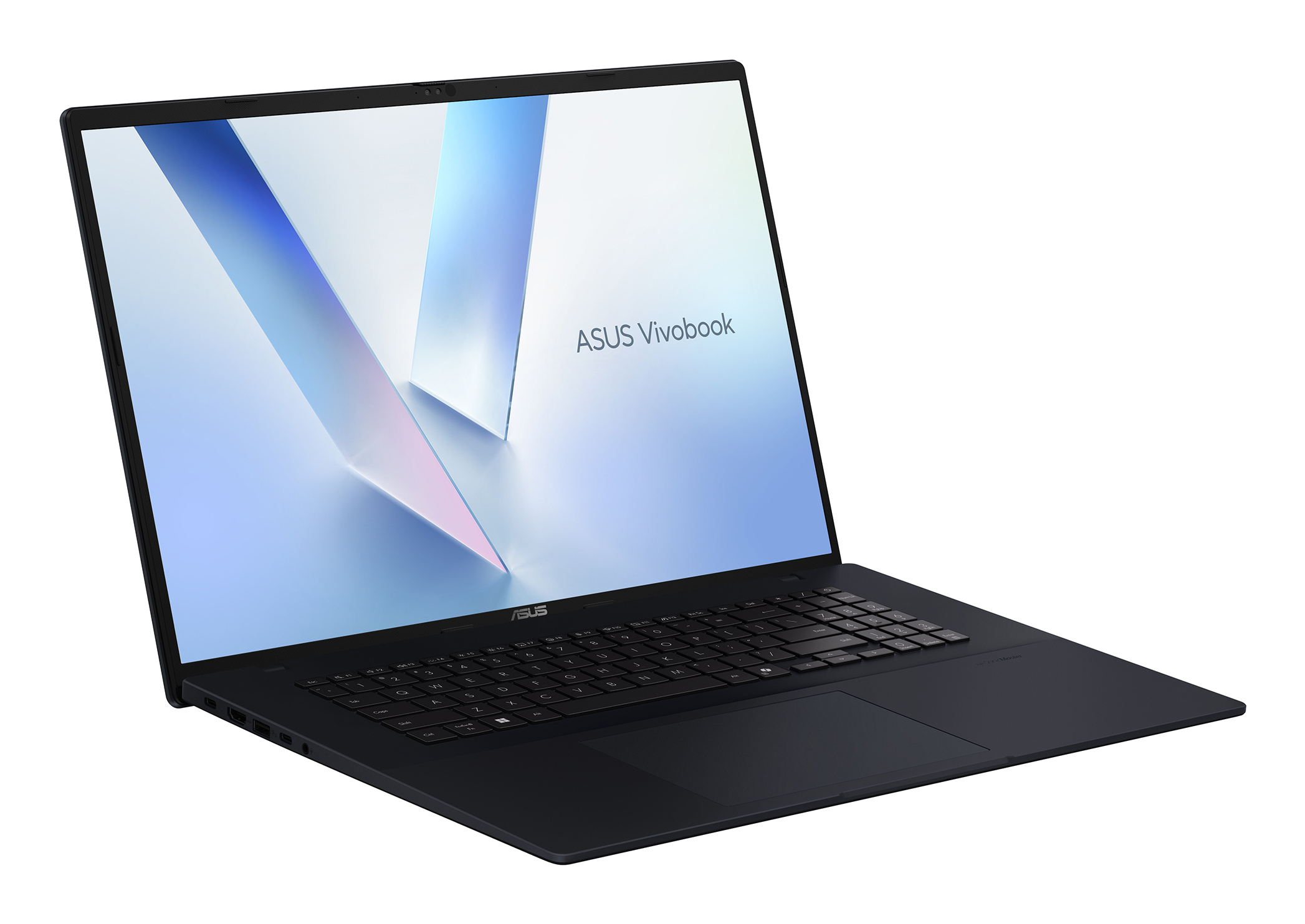 Un computer portatile ASUS Vivobook nero è mostrato di sbieco su sfondo bianco, con uno sfondo astratto luminoso.